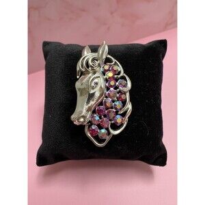 Vintage Horse Head Brooch 2” Gold Tone AB Rhinestone Mane Equestrian Pin